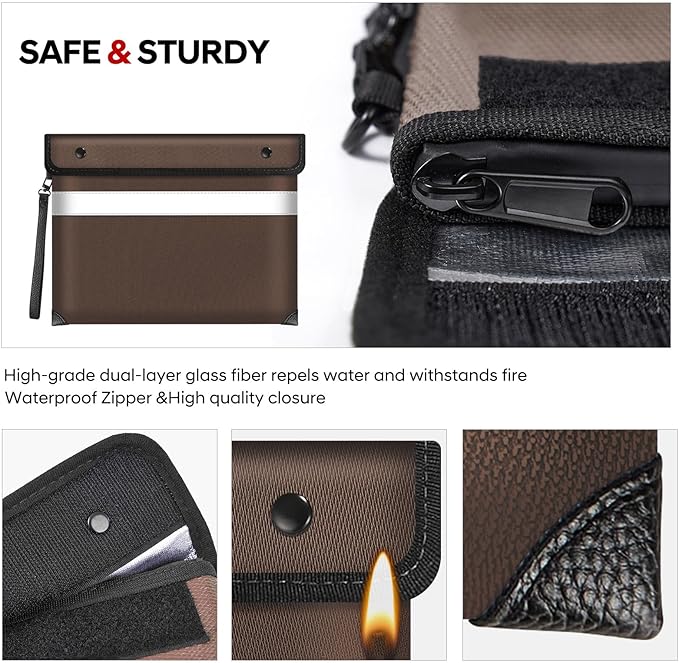 Fireproof Document Bag,5200℉ Insulated Fire Proof Money Bag for Cash,Waterproof Document Pouch with Water Resistant Zipper,8 Layers of Heat Insulated Materials,13.9x10.6 Inch(Brown)-DeskLoop Office