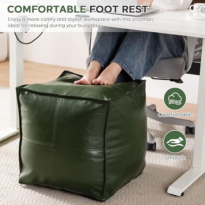 Unstuffed Pouf Cover, 17.7" Faux Leather Poofy Ottoman Cover, Square Footstool For Storage Living Room Decoration Foot Rest, Footrest for Bedroom Balcony Office Chair, (Only Cover, No Filler), Green-DeskLoop Office