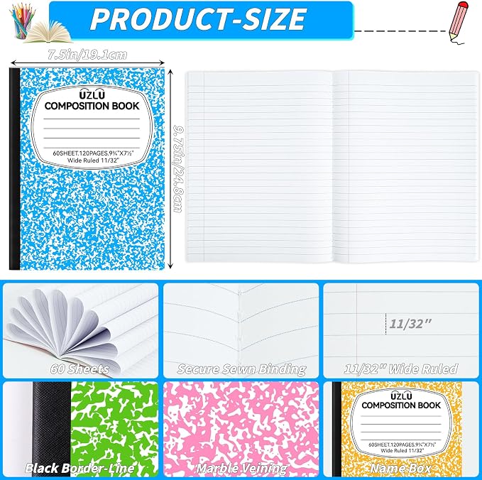 24 Pack 9.75 x 7.5 in Large Composition Notebooks Bulk 6 Color Wide Ruled - Image 2