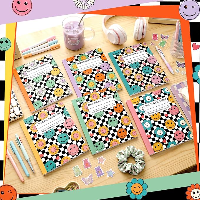 Fullhawl 6 Pcs Composition Notebook Wide Ruled Cute Preppy Black White - Image 7