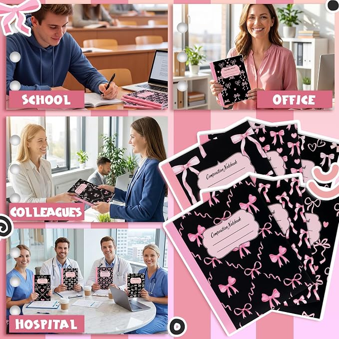 Fullhawl 6 Pack Composition Notebook College Ruled Bulk Black Pink Bow - Image 6