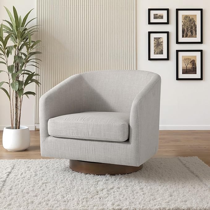 UIXE Swivel Accent Chair with Wood Base, Fabric Upholstered Barrel Chairs for Living Room, Comfy Round Armchair Single Sofa Bedroom Reading Seat - 31" W, Khaki-DeskLoop Office
