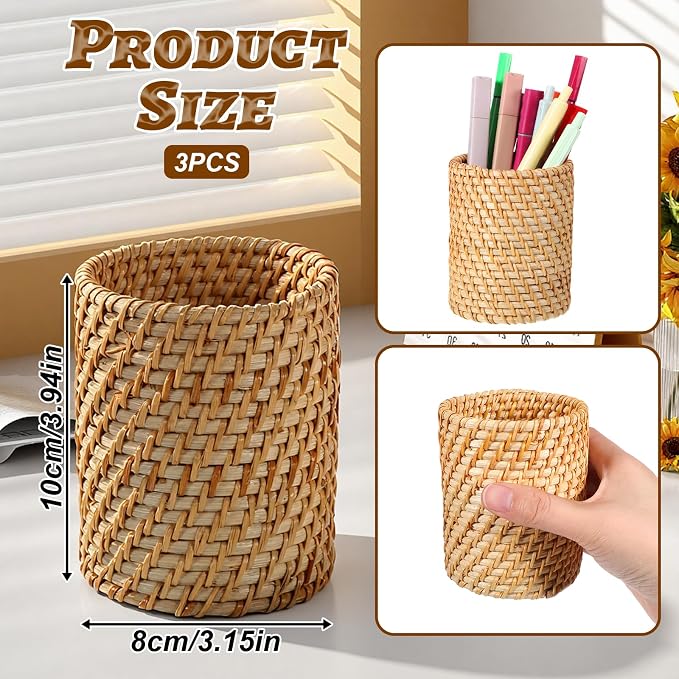 3 Pcs Rattan Pencil Holder, Handmade Pen Cup Durable Cylinder Makeup Brush - Image 3