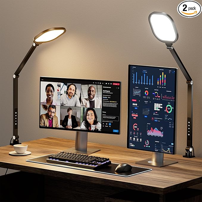 2 Packs Led Desk Lamps for Home Office, 1200LM Dimmable Clamp-on Desktop Light, Adjustable Swing Arm Ring Light with Stand, Memory & Timer Function, Eye-Caring Design-DeskLoop Office