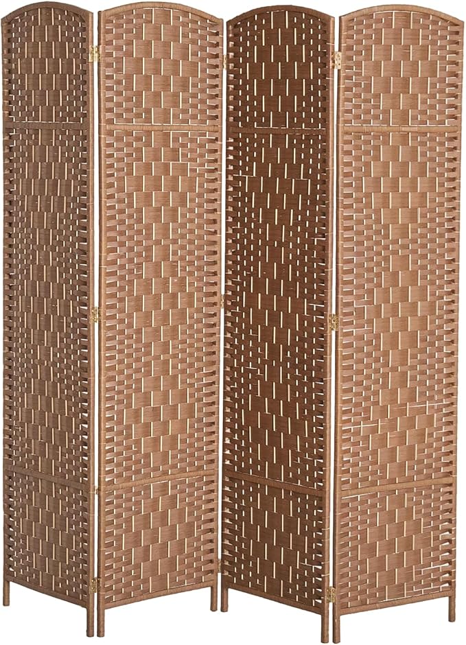 HOMCOM Room Divider 4 Panels Folding Privacy Screen 6FT Tall Portable Wicker Weave Partition Wall Divider for Bedroom Home Office, Natural Wood-DeskLoop Office