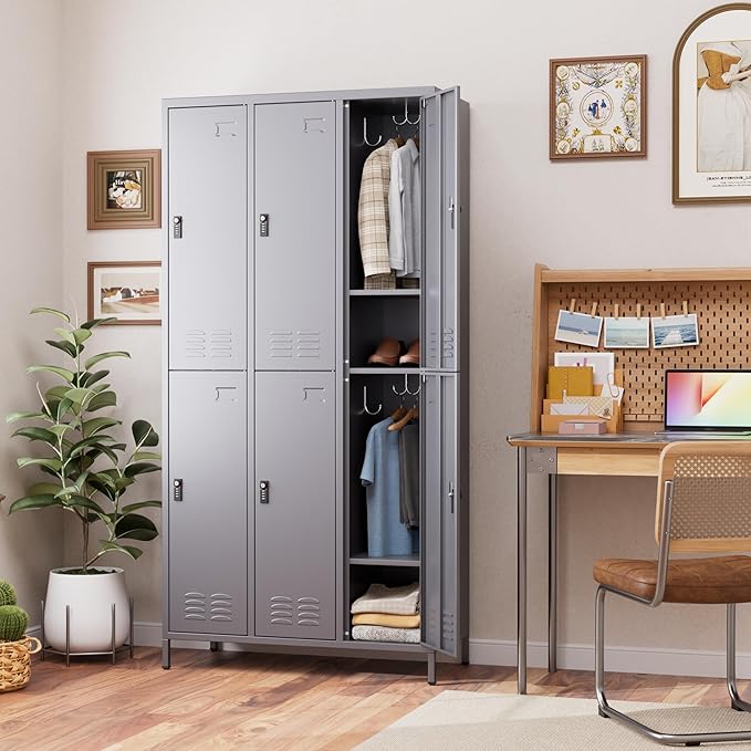 6 Doors Metal Locker for Employees with Combination Locks,Metal Lockers with Business Card Holder and 18 Hooks for School Garage Office Gym Home,Assembly Required,Dark Grey-DeskLoop Office