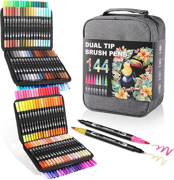 Double Brush Marker Pens, 144 Colors Art Markers Set with Fine Tip and Brush Tip for Kids Adult Coloring Book Hand Lettering Calligraphy Drawing Art Supplies Kit-DeskLoop Office