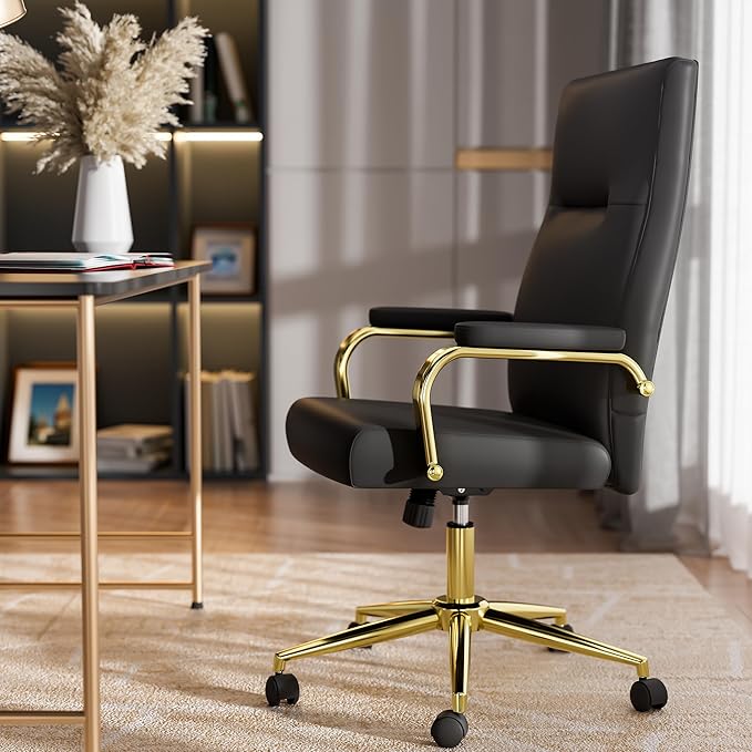 Black and Gold Office Chair Memory Foam, High Back Office Chair with Arms and Wheels, Leather Executive Computer Desk Chair with Back Support for Women Girls and Adults-DeskLoop Office