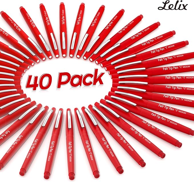 Lelix Felt Tip Pens, 40 Red Pack, 0.7mm Medium Point, Felt Tip Markers Pens - Image 2