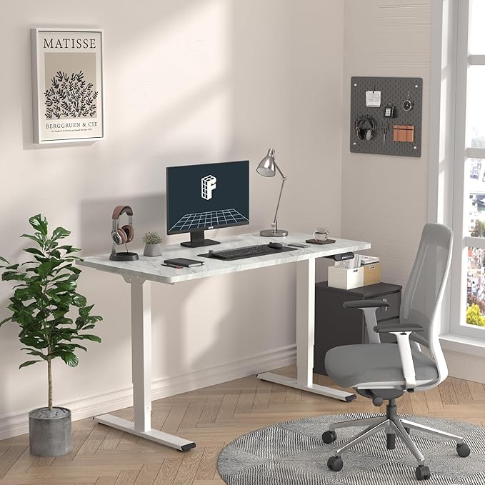FLEXISPOT E6 Essential 3 Stages Dual Motor Electric Standing Desk 55x28 Inch Whole-Piece Board Height Adjustable Electric Sit Stand Desk（White Frame + Grey Wood Grain Desktop, 2 Packages）-DeskLoop Office