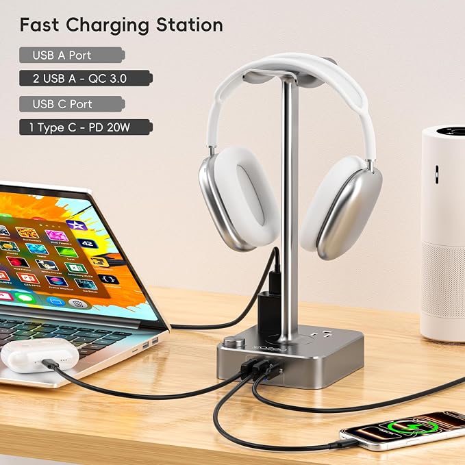 Headphone Stand with PD Fast Charger & QC3.0, Gaming Headset Holder with 3 USB - Image 4