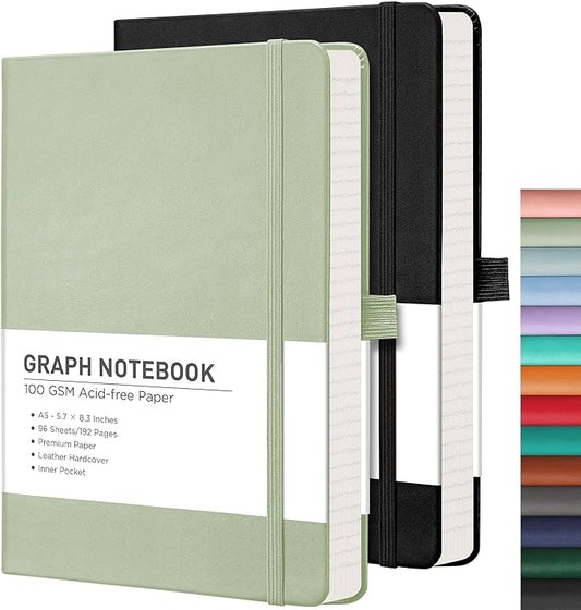RETTACY Graph Grid Paper Notebook, 2-Pack, 192 Pages per Pack, A5 Medium Size (5.7'' x 8.3''), Leather Hardcover, 100 GSM Thick Paper, for School, Students, Math, Engineering (Black & Light Green)-DeskLoop Office