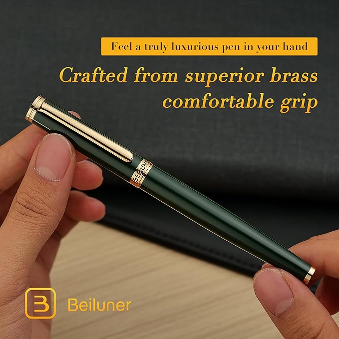 BEILUNER British Racing Green Fountain Pen,Stunning Luxury Pens with 24K Gold Accents, Gorgeous 24K Gilded Nib(Medium), Ink Converter, Pen Gift for Men&Women-Elegant, Reliable,Fancy for Writing-DeskLoop Office