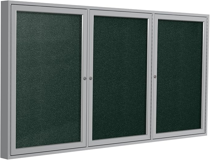Ghent 36"x72" 3-Door Outdoor Enclosed Vinyl Bulletin Board, Shatter Resistant, with Lock, Satin Aluminum Frame - Ebony (PA33672VX-183), Made in the USA-DeskLoop Office