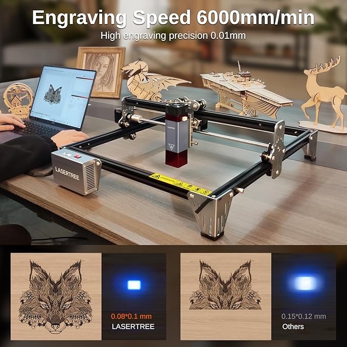 LASER TREE 80W Laser Engraver, 10000mW(10W) Laser Output Laser Engraving Cutter with Air Assist Pump & Magnetic Pad Kit, Built-in FAC, Eye Protection Laser Engraver for Wood Acrylic, Leather, Class 4-DeskLoop Office