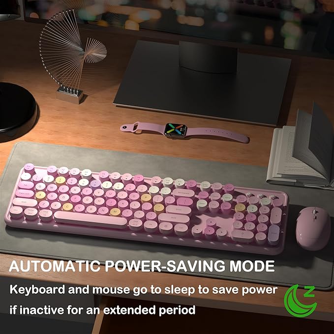 Wireless Keyboard and Mouse, Full-Size Retro Typewriter Keyboard with Round Keycaps, 2.4GHz for Windows, Mac, Laptop, PC, Desktop (Pink Colorful)-DeskLoop Office