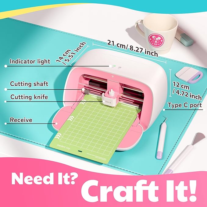 Likcut Vinyl Cutter Machine, Upgrade Cutting Machine Glee S501 for DIY Joy, Portable Smart Cutting Tool for Crafter, Sticker Decal Maker Printing for Family & School Fun Projects and Decorations, Pink-DeskLoop Office