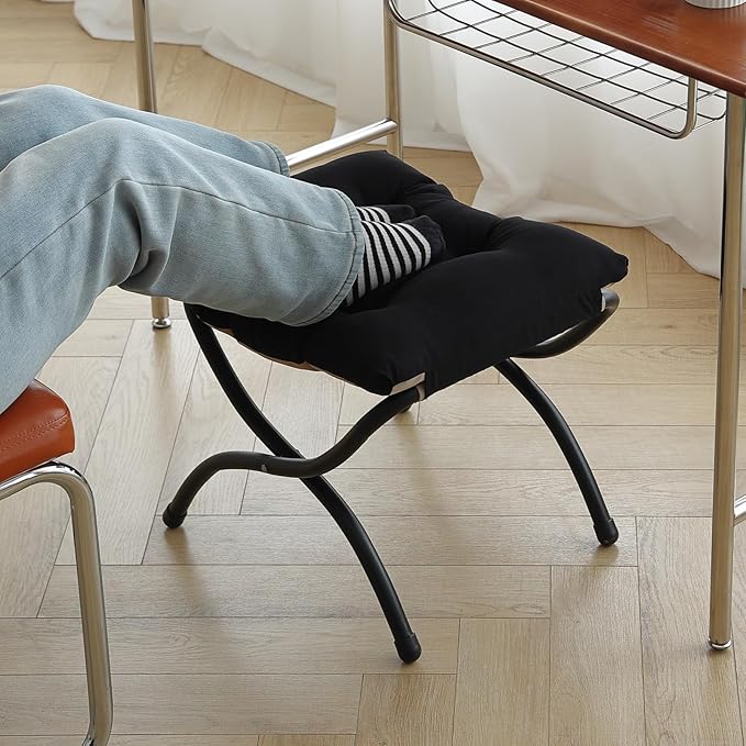 LITA Folding Upholstered Footrest Stool, Modern Small Portable Accent Ottoman with Detachable Thick Cotton Cushion Padded Sofa Stool with Metal Frame for Lazy Chair, Living Room & Bedroom, Black-DeskLoop Office