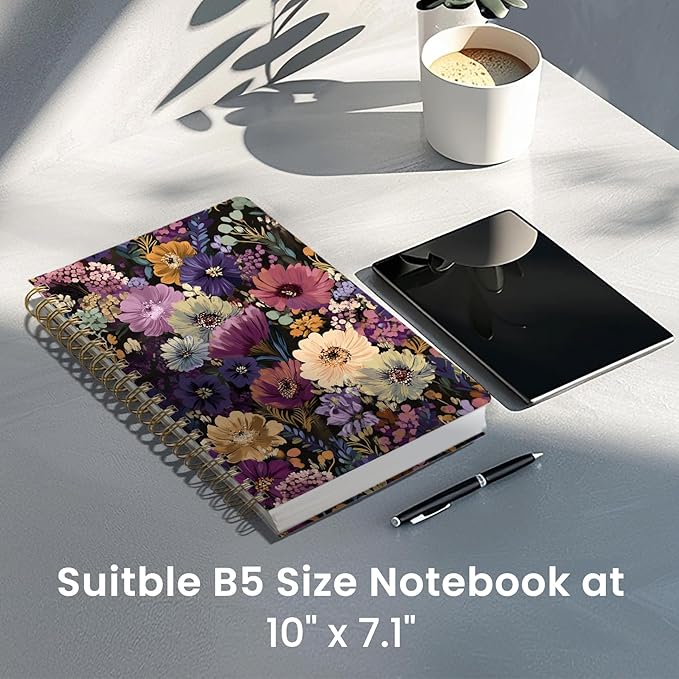Lined Spiral Notebook Journal for Work, 300 Pages Thick B5 (7.1"x10") College Ruled Journal for Women & Writing, Hardcover Notebook for Note Taking, Perfect for Office Home School, Midnight Bloom-DeskLoop Office