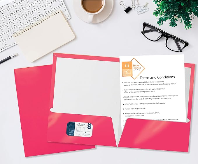 Better Office Products 2 Pocket Glossy Laminated HOT Pink Paper Folders - Image 4