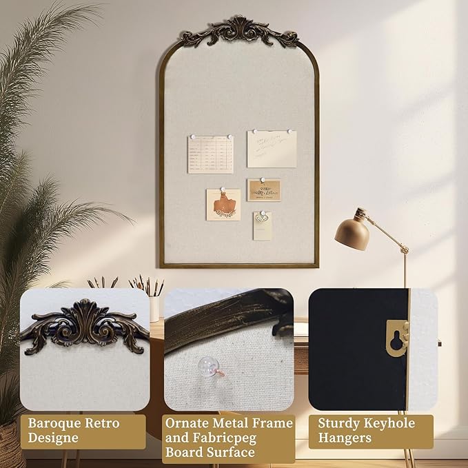Arch Fabric Pinboard, Antique Gold Bulletin Boards 19"x31", Vintage Cork Board with Ornate Iron Frame for Wall Unique Display, Organization and Decor Options-DeskLoop Office