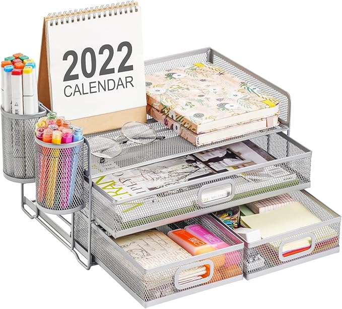 Marbrasse 3 Tier Mesh Desk Organizer with Drawer, Multi-Functional Desk Organizers and Accessories, Paper Letter Organizer with 2 Pen Holder for Home Office Supplies (Silver)-DeskLoop Office