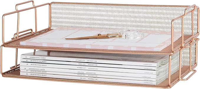 BLU MONACO | Rose Gold Mesh Paper Tray Set of 2 | Stackable Letter Trays by Blu_Monaco