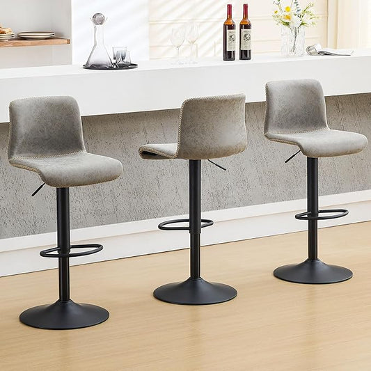 HeuGah Bar Stools Set of 3, Swivel Counter Height Barstools with Back, Adjustable Height 24" to 32", Gray Faux Leather Bar Chairs for Kitchen Island (Gray, Set of 3 (24'' to 32''))-DeskLoop Office