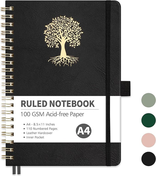 RETTACY Spiral Journal Notebook, 110 Numbered Pages, A4 Large Size (8.5'' x 11''), for Men & Women, Journaling, Writing, Work & Office, Leather Hardcover, 100 GSM Thick Paper (Black)-DeskLoop Office