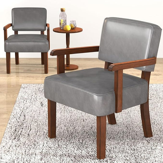 Accent Chair, PU Leather Oversized Living Room Chairs with Soft Seat and Armrests, Armchair for Bedroom, Dinning, Reading and Waiting Rooms (Leather Gray)-DeskLoop Office