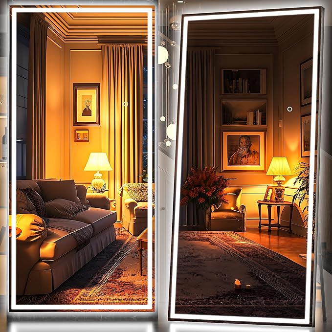 Hasipu Full Length Mirror with Lights, 95" x 40" LED Lighted Floor Standing Mirror, Full Body Dressing Hanging Mounted Mirrors, Dimmable, Tempered Glass, Safe to Use, Square Black-DeskLoop Office