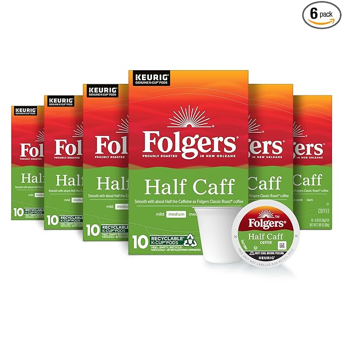 Folgers Half Caff Coffee, Medium Roast, Keurig K-Cup Pods, 10 Count (Pack of 6)-DeskLoop Office