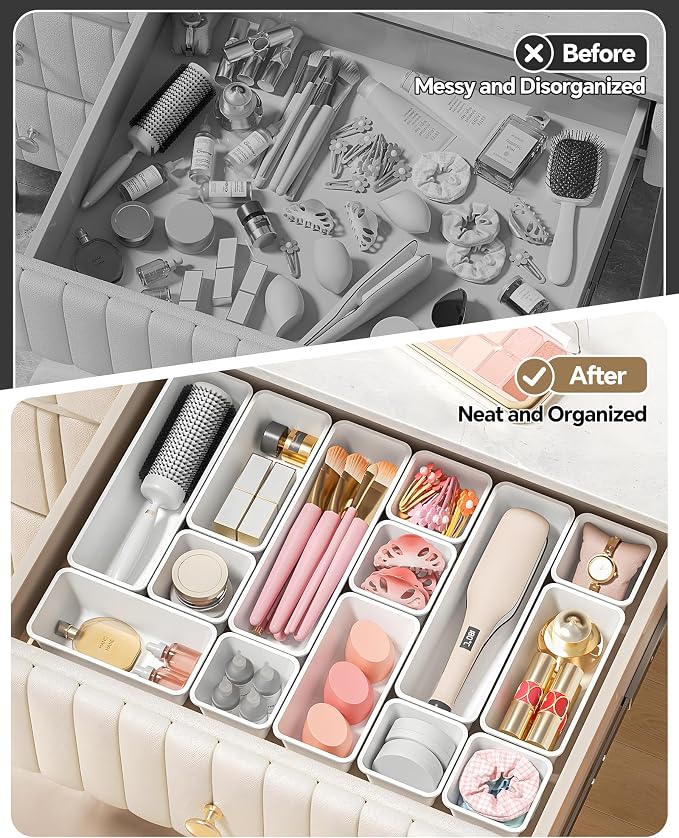 Canfanni 13 Pack Plastic Drawer Organizers Set, 3 Sizes Desk Drawer Organizer - Image 4