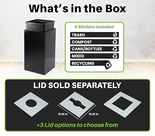 Alpine Commercial Indoor Recycle Bin - 29 Gallon Modern Looking Black Recycle Bin, Office Recycling Bins, Metal Trash and Recycling Container with Stickers & 3 Optional Lids (lid Sold Separately)-DeskLoop Office