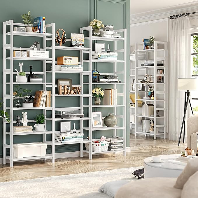 Homykic Bamboo Triple Wide Shallow Bookshelves and Bookcases, 6-Tier 6ft Tall Bookshelf with 17 Open Display Shelves, Super Large Freestanding Book Shelf for Home Office, Bedroom, Living Room, White-DeskLoop Office