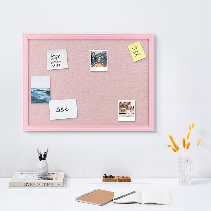 Navaris Framed Linen Bulletin Board - Approx. 58x43cm Fabric Jewelry Organizer Pinboard for Wall Memory Memo Pin Board - Pink Linen with Pink Frame-DeskLoop Office