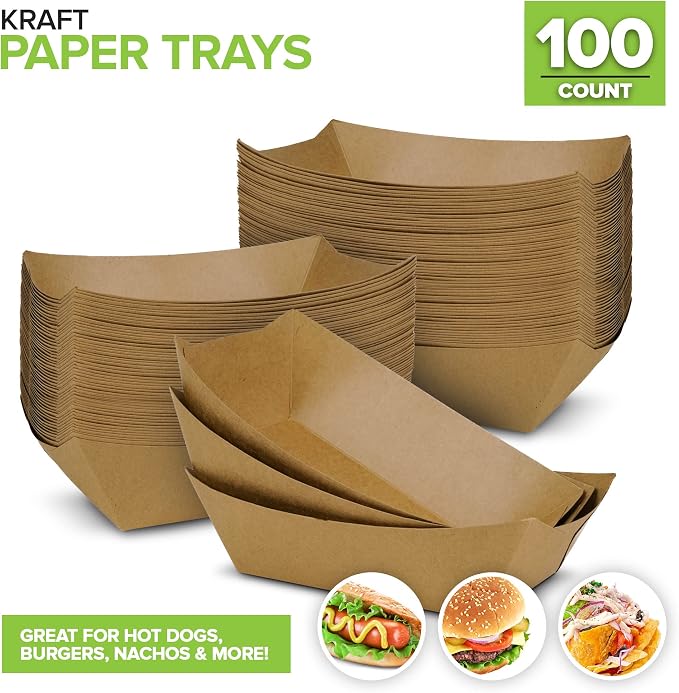 100 Pack 3-Lb Brown Kraft Paper Food Trays, Extra Large Disposable Concession - Image 2