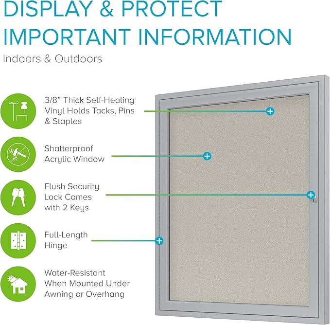 Ghent 24"x18" 1-Door Outdoor Enclosed Vinyl Bulletin Board, Shatter Resistant, with Lock, Satin Aluminum Frame - Ivory (PA12418VX-185), Made in the USA-DeskLoop Office