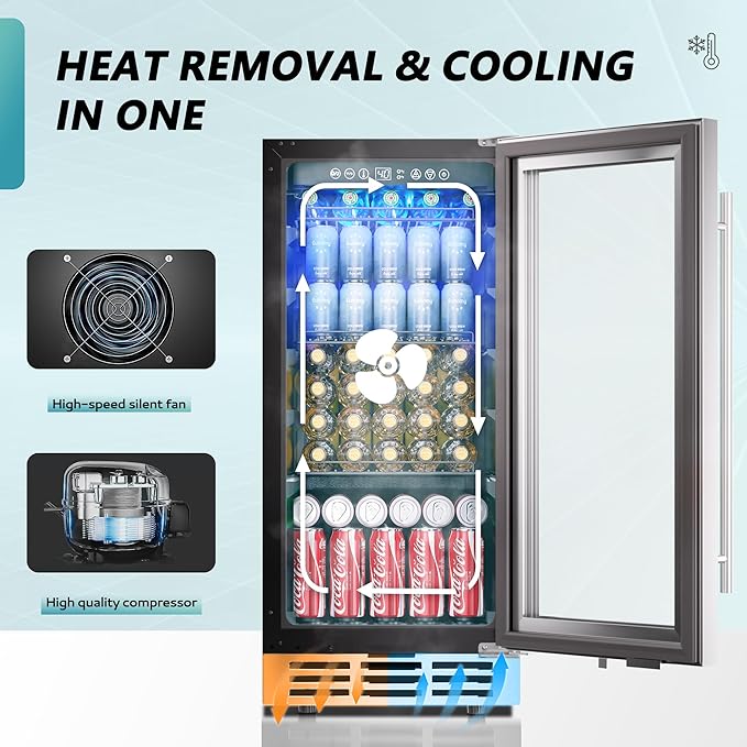EUHOMY 15 Inch Beverage Refrigerator Cooler Under Counter 127 Cans Beverage Fridge Built-in or Freestanding with Glass Door, LED Light, Beer Fridge for Soda, Water, Wine - Home Kitchen Bar.-DeskLoop Office