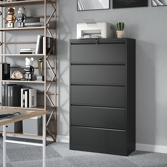 5 Drawer Lateral File Cabinet with Lock, Black Metal Lateral Filing Cabinet for Home Office, Steel Wide Filing Cabinets for Letter/Legal/A4/F4 Hanging File Folders (Black)