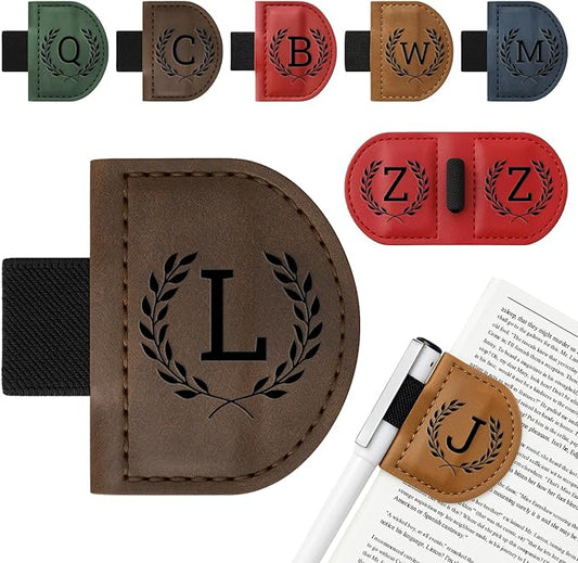 Personalized Bygone Mark Bookmark with Pen Holder,Engraving Leather Magnetic Bookmarks Vintage 26 Letters Name Initials Text Book Marker Clips Gifts for Reading Book Lovers Women (Coffee, L)