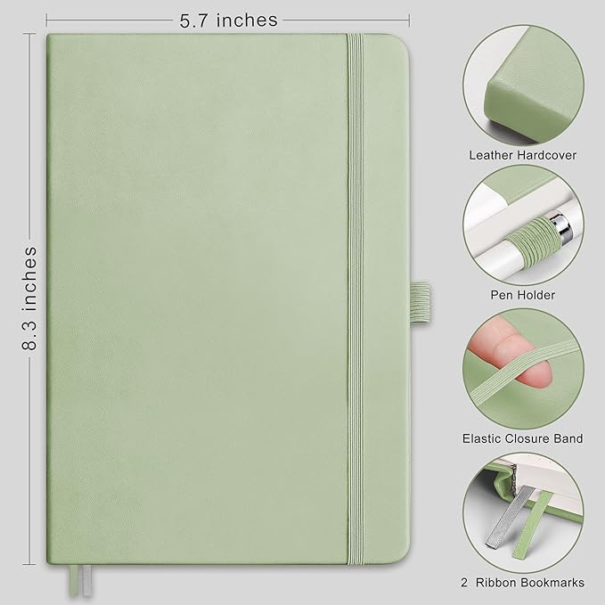 RETTACY Bullet Dotted Journal Notebook, 256 Pages, A5 Medium Size (5.7'' × 8.3''), Leather Hardcover, 120 GSM Thick Paper, for Bullet Journaling, Planning, Tracking (Light Green)-DeskLoop Office