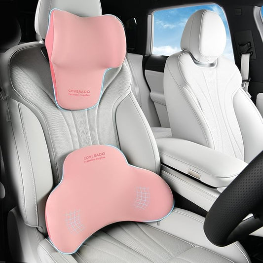 Coverado Lumbar Support and Car Neck Pillow, Ergonomic Memory Foam Desk Chair Cushion and Headrest Pillow for Car Office Chair, Sciatica & Neck & Tailbone Cushion-Pink-DeskLoop Office