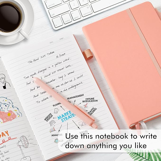 feela 5 Pack Notebooks Journals Bulk, Hardcover Classic Ruled Lined Journals with Pen Holder for Women Girls School Business Supplies, with 5 Black Pens, 120 GSM, 5.1”x8.3”, A5, Light Coral-DeskLoop Office