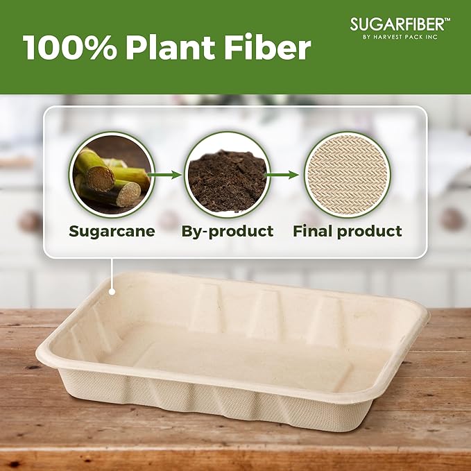 Harvest Pack 22 oz Compostable Food Trays, 8.49" x 6.45" x 1.3" Disposable PFAS - Image 3