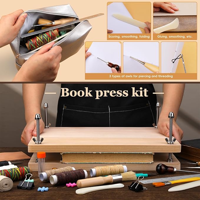JUPEAN 45 Pcs Book Binding Kits, Bookbinding Kit Large Book Press 14.76”x11.42” with Books Binding Materials Bone Folder Tool Bind Cloth Webbing Strap and Storage Bag for Repair-DeskLoop Office