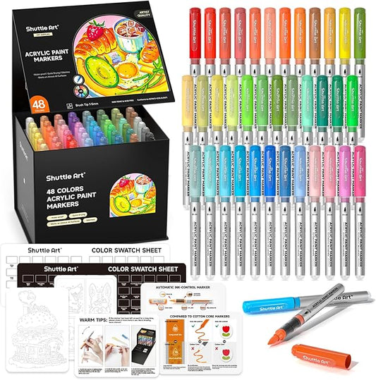 Shuttle Art Automatic Ink Control Acrylic Paint Markers, 48 Colors Brush Tip Acrylic Paint Pens for Rock Painting, Ceramic, Wood, Canvas, Glass, Stone, Fabric, Card Making, DIY & Art Supplies-DeskLoop Office