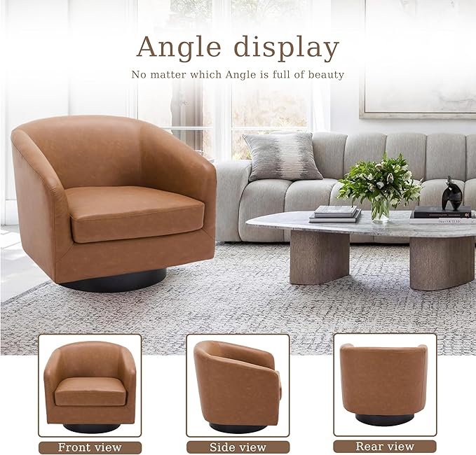 UIXE Faux Leather Swivel Accent Chair with Wood Base, Modern Upholstered Barrel Chairs for Living Room, Comfy Round Armchair Single Sofa Bedroom Reading Seat - 31" W, Brown-DeskLoop Office