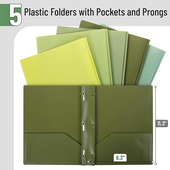 Mr. Pen- Plastic Folders with Pockets and Prongs, 5 Pack, Letter Size | Green - Image 2