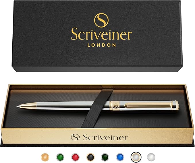 Scriveiner Silver Chrome Ballpoint Pen - Stunning Luxury Pen, Real Gold Plating, Schmidt Black Refill, Best Ball Pen Gift Set for Men & Women, Professional, Executive, Office, Nice, Fancy Pens-DeskLoop Office